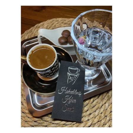 Gümüş Yaldızlı Siyah Hakedilmiş Kahve Saati Peçete 6x12 cm