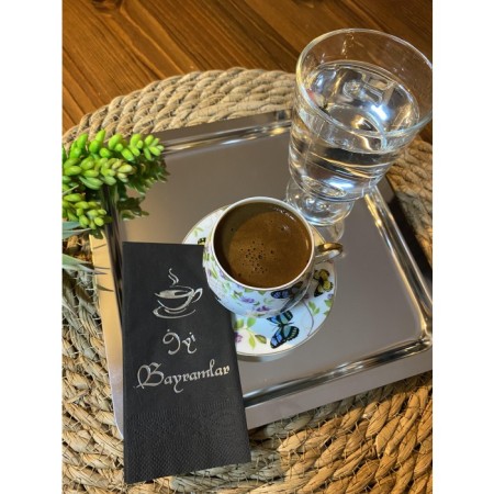 Gümüş Yaldızlı Siyah İyi Bayramlar Peçete 6x12 cm