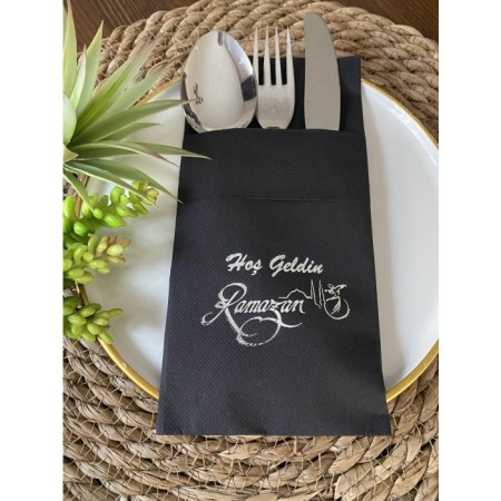 Gümüş Yaldızlı Siyah Hoş Geldin Ramazan Cepli Touch Peçete 12 li 40x40