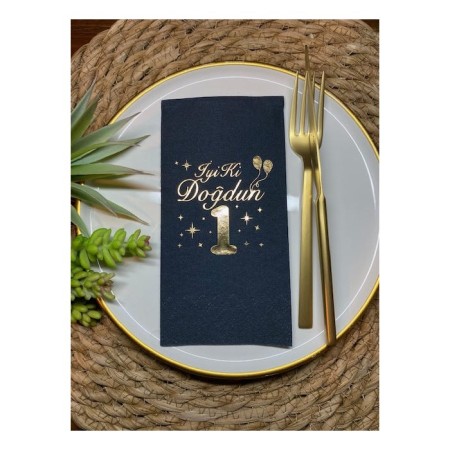 Gold Yaldızlı Siyah Bir Yaş İyi Ki Doğdun Garson Katlama Peçete 16 lı