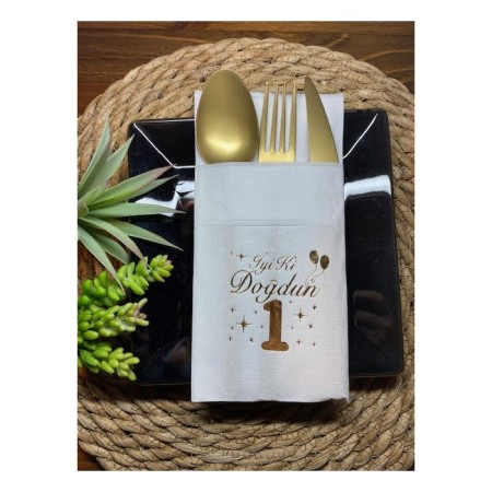 Gold Yaldızlı Beyaz Cepli Bir Yaş İyi Ki Doğdun Peçete 12 Adet 40x40