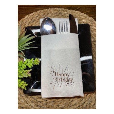 Gümüş Yaldızlı Beyaz Cepli Happy Bırthday Peçete 12 Adet 40x40