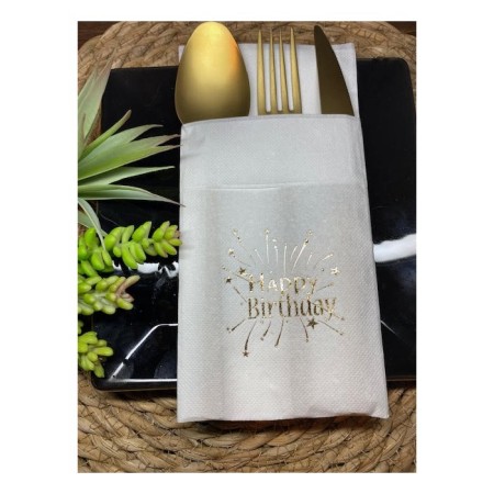 Gold Yaldızlı Beyaz Cepli Happy Bırthday Peçete 12 Adet 40x40