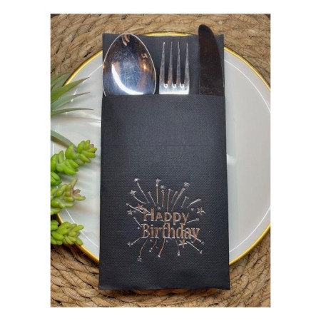 Gümüş Yaldızlı Siyah Cepli Happy Bırthday Peçete 12 Adet 40x40