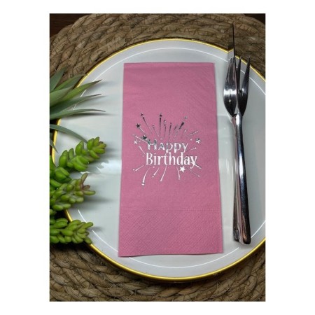 Gümüş Yaldızlı Pembe Happy Bırthday Garson Katlama Peçete 16 lı