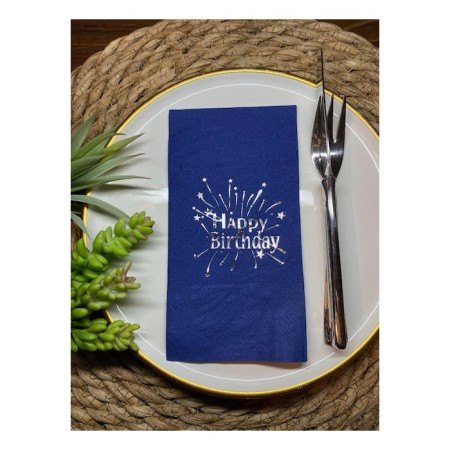 Gümüş Yaldızlı Lacivert Happy Bırthday Garson Katlama Peçete 16 lı