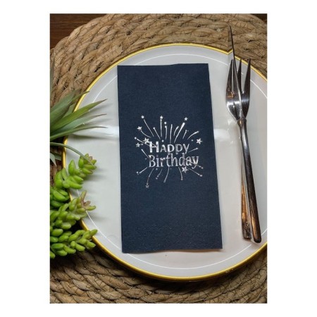 Gümüş Yaldızlı Siyah Happy Bırthday Garson Katlama Peçete 16 lı