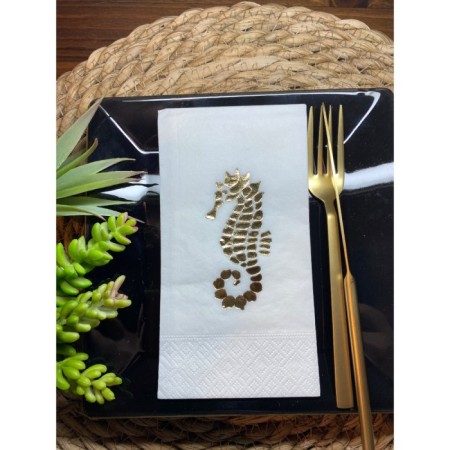 Gold Yaldızlı Beyaz Deniz Atı Garson Katlama Peçete