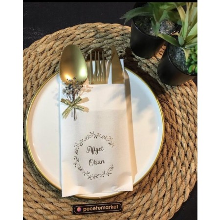 Gold Yaldızlı Beyaz Çiçekli Afiyet Olsun Cepli Peçete 5 Adet