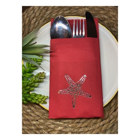 Gümüş Yaldızlı Kırmızı Tekli Deniz Yıldızı Cepli Peçete 12 lı 40x40