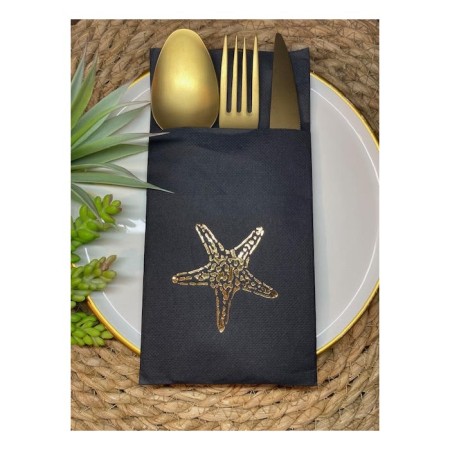 Gold Yaldızlı Siyah Tekli Deniz Yıldızı Cepli Peçete 12 Adet