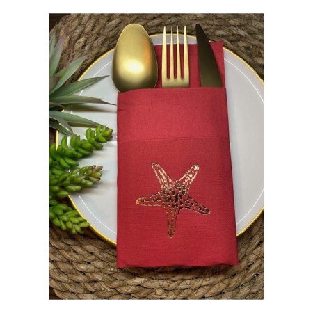 Gold Yaldızlı Kırmızı Tekli Deniz Yıldızı Cepli Peçete 12 lı 40x40