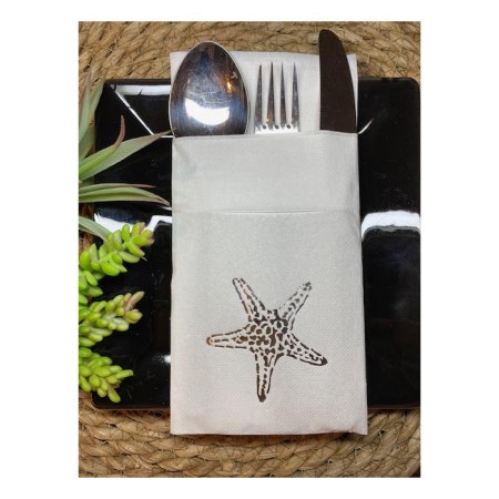 Gümüş Yaldızlı Beyaz Tekli Deniz Yıldızı Cepli Peçete 12 lı 40x40