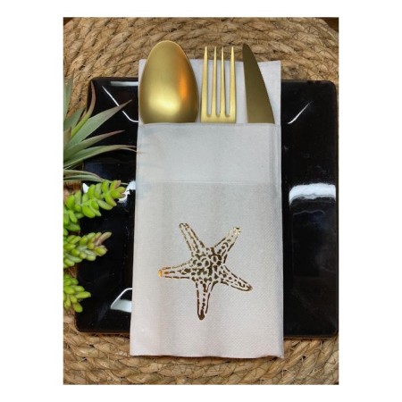 Gold Yaldızlı Beyaz Tekli Deniz Yıldızı Cepli Peçete 12 lı 40x40