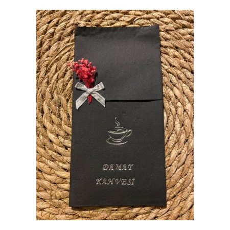 Gümüş Yaldızlı Siyah Çiçekli Damat Kahvesi Cepli Peçete