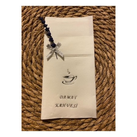 Gümüş Yaldızlı Beyaz Çiçekli Damat Kahvesi Cepli Peçete