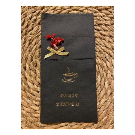Gold Yaldızlı Siyah Çiçekli Damat Kahvesi Cepli Peçete