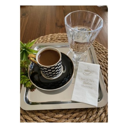 Gümüş Yaldızlı Beyaz Sen ve Ben Kahve Mutluluk Peçete 6x12 cm