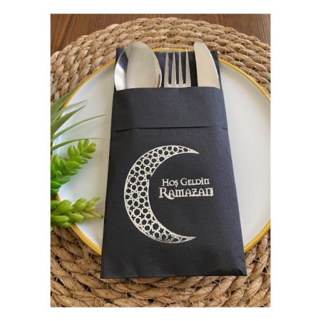 Gümüş Yaldızlı Siyah Hoş Geldin Ramazan Ay Desenli Cepli Peçete 12 li 40x40