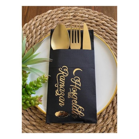 Gold Yaldızlı Siyah Hoş Geldin Ramazan Cepli Peçete 12 lı 40x40