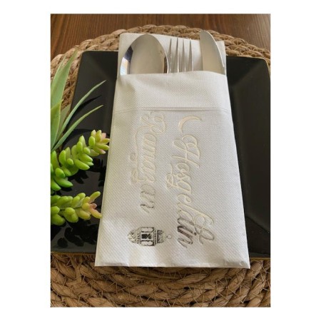 Gümüş Yaldızlı Beyaz Hoş Geldin Ramazan Cepli Peçete 12 lı 40x40