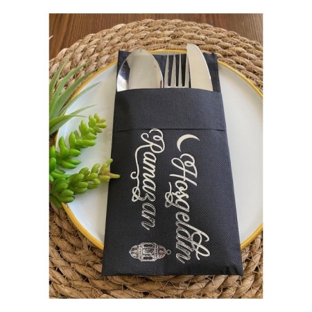 Gümüş Yaldızlı Siyah Hoş Geldin Ramazan Cepli Peçete 12 lı 40x40