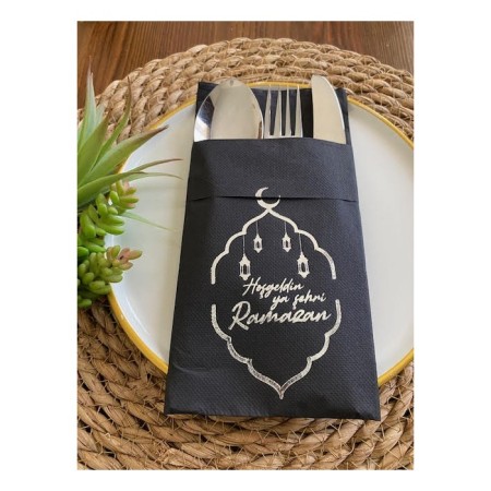 Gümüş Yaldızlı Siyah Hoş Geldin Ya Şehri Ramazan Cepli Peçete 12 li Yeni Model