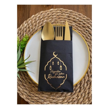 Gold Yaldızlı Siyah Hoş Geldin Ya Şehri Ramazan Cepli Peçete 12 li Yeni Model