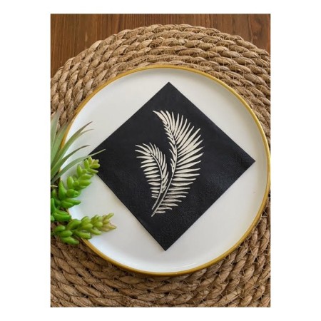 Gümüş Yaldızlı Siyah Yaprak Kokteyl Peçete 24x24