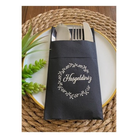 Gümüş Yaldızlı Siyah Hoşgeldiniz Cepli Peçete 12 li