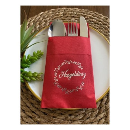 Gümüş Yaldızlı Kırmızı Hoşgeldiniz Cepli Peçete 12 li