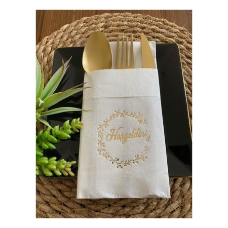 Gold Yaldızlı Beyaz Hoşgeldiniz Cepli Peçete 12 li