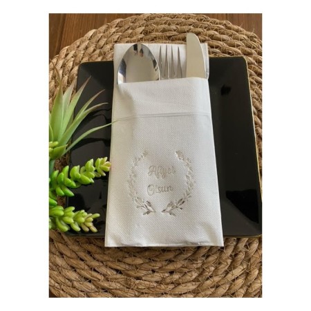 Gümüş Yaldızlı Beyaz Afiyet Olsun Peçete 12 lı 40x40