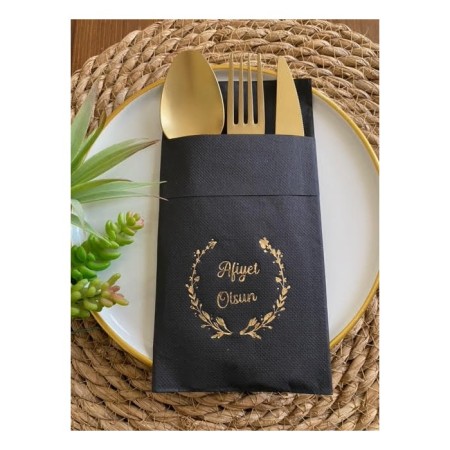 Gold Yaldızlı Siyah Afiyet Olsun Cepli Peçete 12 lı 40x40