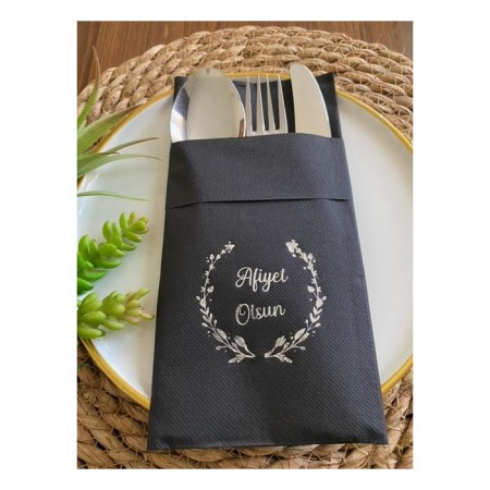 Gümüş Yaldızlı Siyah Afiyet Olsun Cepli Peçete 12 lı 40x40