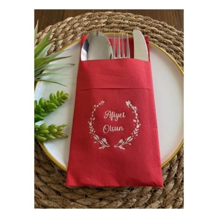 Gümüş Yaldızlı Kırmızı Afiyet Olsun Cepli Peçete 12 lı 40x40