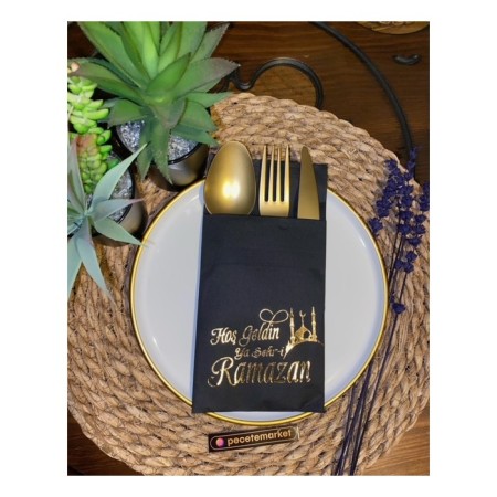 Gold Yaldızlı Siyah Hoş Geldin Ya Şehri Ramazan Cepli Peçete 12 lı 40x40