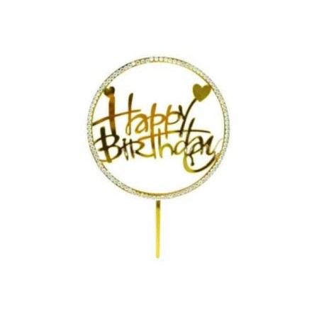Gold Happy Bırthday Yuvarlak Taşlı Pasta Süsü