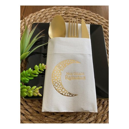 Gold Yaldızlı Beyaz Hoş Geldin Ramazan Ay Desenli Cepli Touch Peçete 12 li 40x40