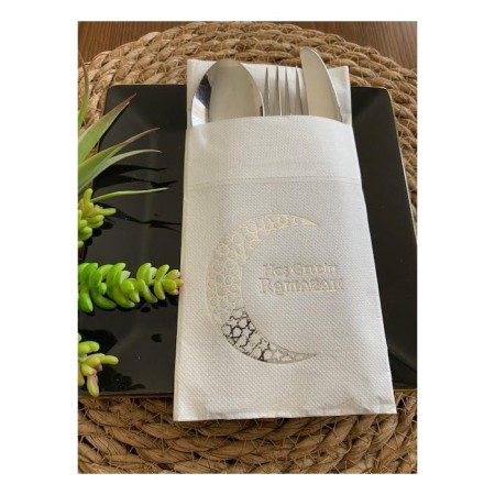 Gümüş Yaldızlı Beyaz Hoş Geldin Ramazan Ay Desenli Cepli Touch Peçete 12 li 40x40