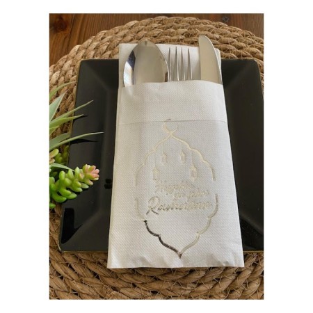 Gümüş Yaldızlı Beyaz Hoş Geldin Ya Şehri Ramazan Cepli Touch Peçete 12 li Yeni Model