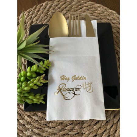 Gold Yaldızlı Beyaz Hoş Geldin Ramazan Cepli Touch Peçete 12 li 40x40