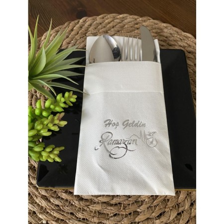 Gümüş Yaldızlı Beyaz Hoş Geldin Ramazan Cepli Touch Peçete 12 li 40x40