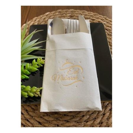 Gold Beyaz Cepli Aır Touch Eid Mubarak Peçete 12 Adet 40x40