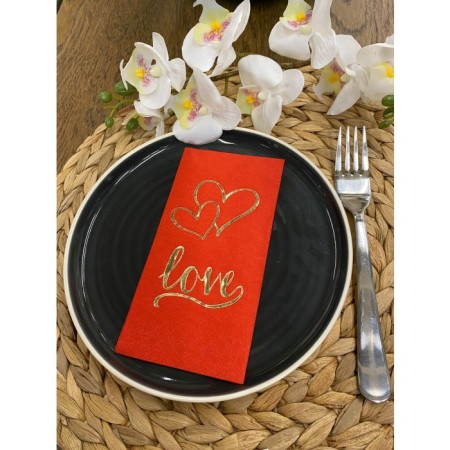 Gold Yaldızlı Kırmızı Kalpli Love Yazılı Peçete 16 lı