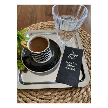 Gümüş Yaldızlı Siyah Bi Kahve Peçete 6x12 cm