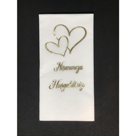 Gold Yaldızlı Beyaz Nişanımıza Hoş geldiniz Peçete