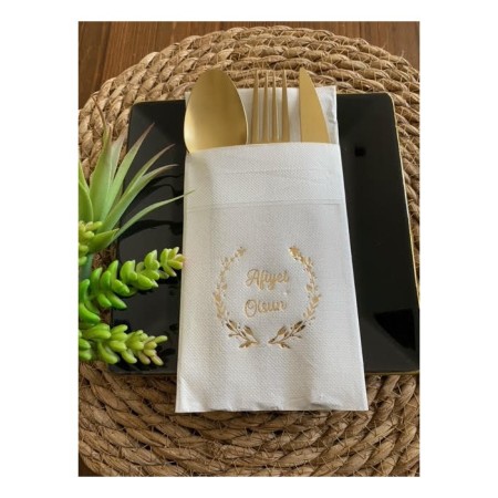 Gold Yaldızlı Beyaz Afiyet Olsun Cepli Aır Touch Peçete 12 lı 40x40