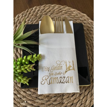 Gold Yaldızlı Beyaz Hoş Geldin Ya Şehri Ramazan Cepli Aır Touch Peçete 12 lı 40x40