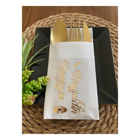 Gold Yaldızlı Beyaz Hoş Geldin Ramazan Cepli Aır Touch Peçete 12 lı 40x40